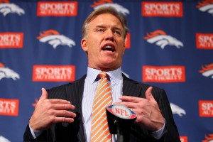 ENGLEWOOD, CO - MARCH 20:  Executive vice president of football operations John Elway speaks during a news conference announcing quarterback Peyton Manning's contract with the Denver Broncos in the team meeting room at the Paul D. Bowlen Memorial Broncos Centre on March 20, 2012 in Englewood, Colorado. Manning, entering his 15th NFL season, was released by the Indianapolis Colts on March 7, 2012, where he had played his whole career. It has been reported that Manning will sign a five-year, $96 million offer.  (Photo by Doug Pensinger/Getty Images)