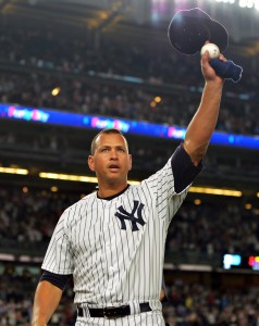 NEW YORK, NY - AUGUST 12: Alex Rodriguez #13 of the New York Yankees tips his hat to the crowd in the ninth inning against the Tampa Bay Rays at Yankee Stadium on August 12, 2016 in New York City. (Photo by Drew Hallowell/Getty Images)