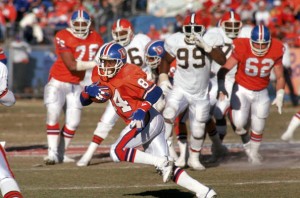 DENVER - JANUARY 17:  Wide receiver Ricky Nattiel #84 of the Denver Broncos runs free in the secondary during the 1987 AFC Championship game against the Cleveland Browns at Mile High Stadium on January 17, 1988 in Denver, Colorado.  The Broncos won 38-33.  (Photo by George Rose/Getty Images)