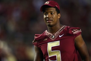 TALLAHASSEE, FL - SEPTEMBER 20:  Jameis Winston #5 of the Florida State Seminoles on the field during pregame against the Clemson Tigers at Doak Campbell Stadium on September 20, 2014 in Tallahassee, Florida.  (Photo by Ronald Martinez/Getty Images)
