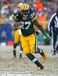 GREEN BAY, WI - DECEMBER 08:  Eddy Lacy #27 of the Green Bay Packers runs against the Atlanta Falcons at Lambeau Field on December 8, 2013 in Green Bay, Wisconsin. The Packers defeated the Falcons 22-21.  (Photo by Jonathan Daniel/Getty Images)