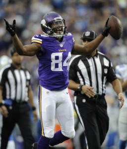 MINNEAPOLIS, MN - DECEMBER 29: Cordarrelle Patterson #84 of the Minnesota Vikings celebrates a touchdown against the Detroit Lions during the first quarter of the game on December 29, 2013 at Mall of America Field at the Hubert H. Humphrey Metrodome in Minneapolis, Minnesota. (Photo by Hannah Foslien/Getty Images)