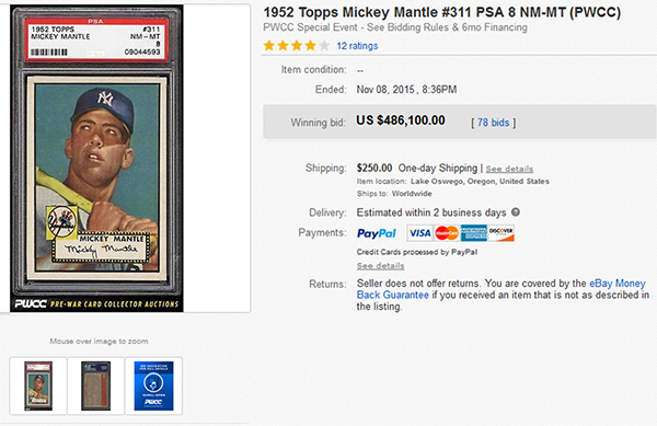 Mickey Mantle rookie card sold for $486,100