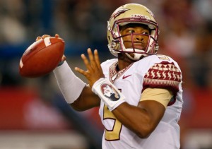 ARLINGTON, TX - AUGUST 30:  Jameis Winston #5 of the Florida State Seminoles passes against the Oklahoma State Cowboys in the first half of the Advocare Cowboys Classic at AT&T Stadium on August 30, 2014 in Arlington, Texas.  (Photo by Tom Pennington/Getty Images)