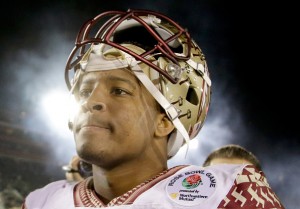 PASADENA, CA - JANUARY 01:  Quarterback Jameis Winston #5 of the Florida State Seminoles reacts after losing 59-20 to the Oregon Ducks in the College Football Playoff Semifinal at the Rose Bowl Game presented by Northwestern Mutual at the Rose Bowl on January 1, 2015 in Pasadena, California.  (Photo by Jeff Gross/Getty Images)