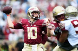 TALLAHASSEE, FL - APRIL 11:  Sean Maguire #10 of the Garnet team drops back to pass against the Gold team during Florida State's Garnet and Gold spring game at Doak Campbell Stadium on April 11, 2015 in Tallahassee, Florida.  (Photo by Stacy Revere/Getty Images)