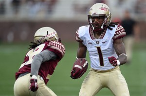 TALLAHASSEE, FL - APRIL 11:  Ermon Lee #1 of the Gold team is pursued by Malique Jackson #28 of the Garnet team during Florida State's Garnet and Gold spring game at Doak Campbell Stadium on April 11, 2015 in Tallahassee, Florida.  (Photo by Stacy Revere/Getty Images)