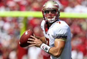 NORMAN, OK - SEPTEMBER 11:  Quarterback Christian Ponder #7 of the Florida State Seminoles drops back to pass against the Oklahoma Sooners at Gaylord Family Oklahoma Memorial Stadium on September 11, 2010 in Norman, Oklahoma.  (Photo by Ronald Martinez/Getty Images)