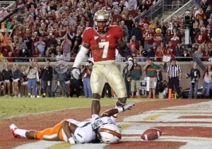TALLAHASSEE, FL - NOVEMBER 12:  Allen Hurns #1 of the Miami Hurricanes misses a touchdown catch as Christian Jones #7 of the Florida State Seminoles looks on during a game at Doak Campbell Stadium on November 12, 2011 in Tallahassee, Florida.  (Photo by Mike Ehrmann/Getty Images)