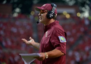 RALEIGH, NC - SEPTEMBER 27: Head coach Jimbo Fisher of the Florida State Seminoles questions a penalty during their game against the North Carolina State Wolfpack at Carter-Finley Stadium on September 27, 2014 in Raleigh, North Carolina. Florida State won 56-41. (Photo by Grant Halverson/Getty Images)