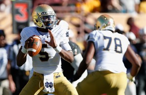 TEMPE, AZ - NOVEMBER 08:  Quarterback Everett Golson #5 of the Notre Dame Fighting Irish drops back to pass during the college football game against the Arizona State Sun Devils at Sun Devil Stadium on November 8, 2014 in Tempe, Arizona. The Sun Devils defeated the Fighting Irish 55-31.  (Photo by Christian Petersen/Getty Images)