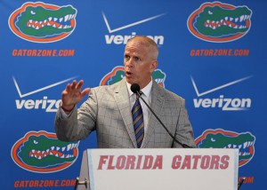 GAINESVILLE, FL - DECEMBER 06:  Florida Gators athletic director Jeremy Foley speaks on during an introductory press conference on December 6, 2014 in Gainesville, Florida. Jim McElwain has left Colorado State and replaces ex-Florida head coach Will Muschamp who was fired earlier this season.