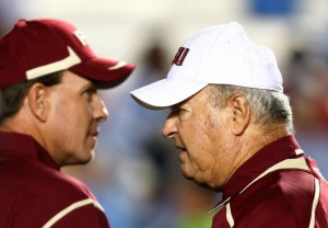 CHAPEL HILL, NC - OCTOBER 22:  Florida State Seminoles Head Coach Bobby Bowden, (R) and Offensive Coordinator Jimbo Fisher watch the pregame action prior to the start of the game against the North Carolina Tar Heels at Kenan Stadium on October 22, 2009 in Chapel Hill, North Carolina.  (Photo by Scott Halleran/Getty Images)