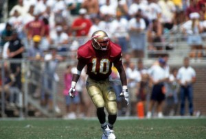 TALLAHASSEE, FL - SEPTEMBER 11:  Derrick Brooks #10 of the Florida State Seminoles lines up during an NCAA game against the Clemson Tigers on September 11, 1993 at Doak Campbell Stadium in Tallahassee, Flroida.  The Seminoles defeated the Tigers 57-0.  (Photo by Scott Halleran/Getty Images)