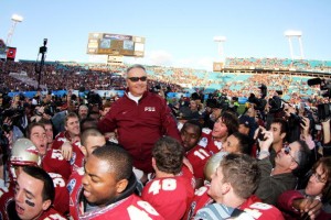 JACKSONVILLE, FL - JANUARY 01:  Head coach Bobby Bowden of the Florida State Seminoles is carried off the field by his players after defeating the West Virginia Mountaineers during the Konica Minolta Gator Bowl on January 1, 2010 at Jacksonville Municipal Stadium in Jacksonville, Florida. Florida State defeated West Virginia 33-21 in Bobby Bowden's last game as a head coach for the Seminoles.  (Photo by Doug Benc/Getty Images)
