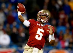 CHARLOTTE, NC - DECEMBER 07:  Quarterback Jameis Winston #5 of the Florida State Seminoles passes against the Duke Blue Devils during the ACC Championship game at Bank of America Stadium on December 7, 2013 in Charlotte, North Carolina.  (Photo by Streeter Lecka/Getty Images)