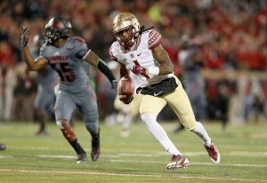 LOUISVILLE, KY - OCTOBER 30:  Ermon Lane #1 of the Florida State Seminoles runs for a touchdown during the game against the Louisville Cardinals at Papa John's Cardinal Stadium on October 30, 2014 in Louisville, Kentucky.  (Photo by Andy Lyons/Getty Images)