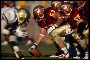 21 OCT 1995:  FLORIDA STATE CENTER CLAY SHIVER #53 PREPARES TO SNAP THE BALL DURING THE SEMINOLES 42-10 VICTORY OVER THE GEROGIA TECH YELLOWJACKETS AT DOAK CAMPBELL STADIUM IN TALLAHASSEE, FLORIDA.  MANDATORY CREDIT:  ANDY LYONS/ALLSPORT USA