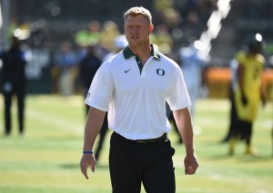 EUGENE, OR - SEPTEMBER 19:  Offensive coordinator Scott Frost of the Oregon Ducks watches his team warm up before the game against the Georgia State Panthers at Autzen Stadium on September 19, 2015 in Eugene, Oregon.  (Photo by Steve Dykes/Getty Images)