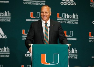 CORAL GABLES, FL - DECEMBER 04:  New University of Miami Hurricanes head football coach Mark Richt speaks after he was introduced at a press conference at the school on December 4, 2015 in Coral Gables, Florida.  (Photo by Joe Skipper/Getty Images)
