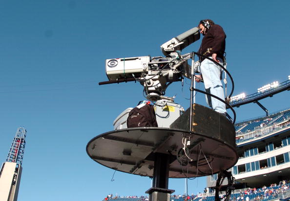 A CBS camera follows play as the New England Patriots host the New York Jets in an NFL wild card playoff game Jan. 7, 2007 in Foxborough. The Pats won 37 - 16. (Photo by Al Messerschmidt/Getty Images)