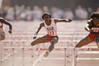 LOS ANGELES - JUNE 23:  Stephanie Hightower (#133), and Kim Turner (#233) compete in the final of the Women's 100m Hurdles event at the 1984 USA Track and Field Olympic Trials held on June 23, 1984 at the Los Angeles Colisseum in Los Angeles, California. (Photo by David Madison/Getty Images) *** Local Caption *** Stephanie Hightower;Kim Turner