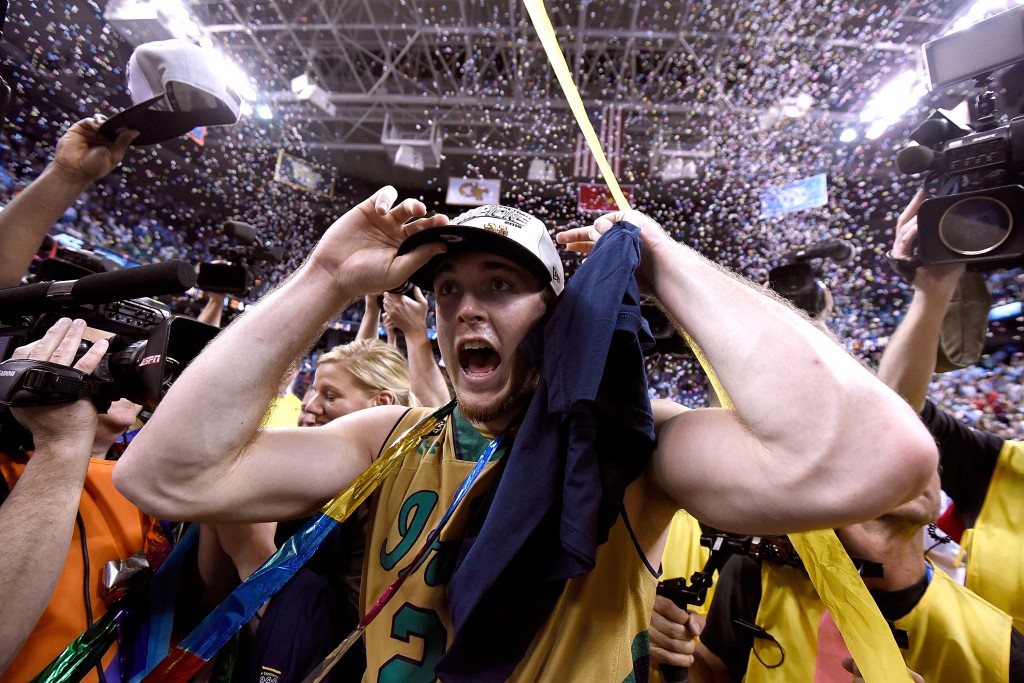 GREENSBORO, NC - MARCH 14:  Pat Connaughton #24 and the Notre Dame Fighting Irish celebrate after defeating the North Carolina Tar Heels during the championship game of the ACC Basketball Tournament at Greensboro Coliseum on March 14, 2015 in Greensboro, North Carolina. Notre Dame won 90-82.  (Photo by Grant Halverson/Getty Images)